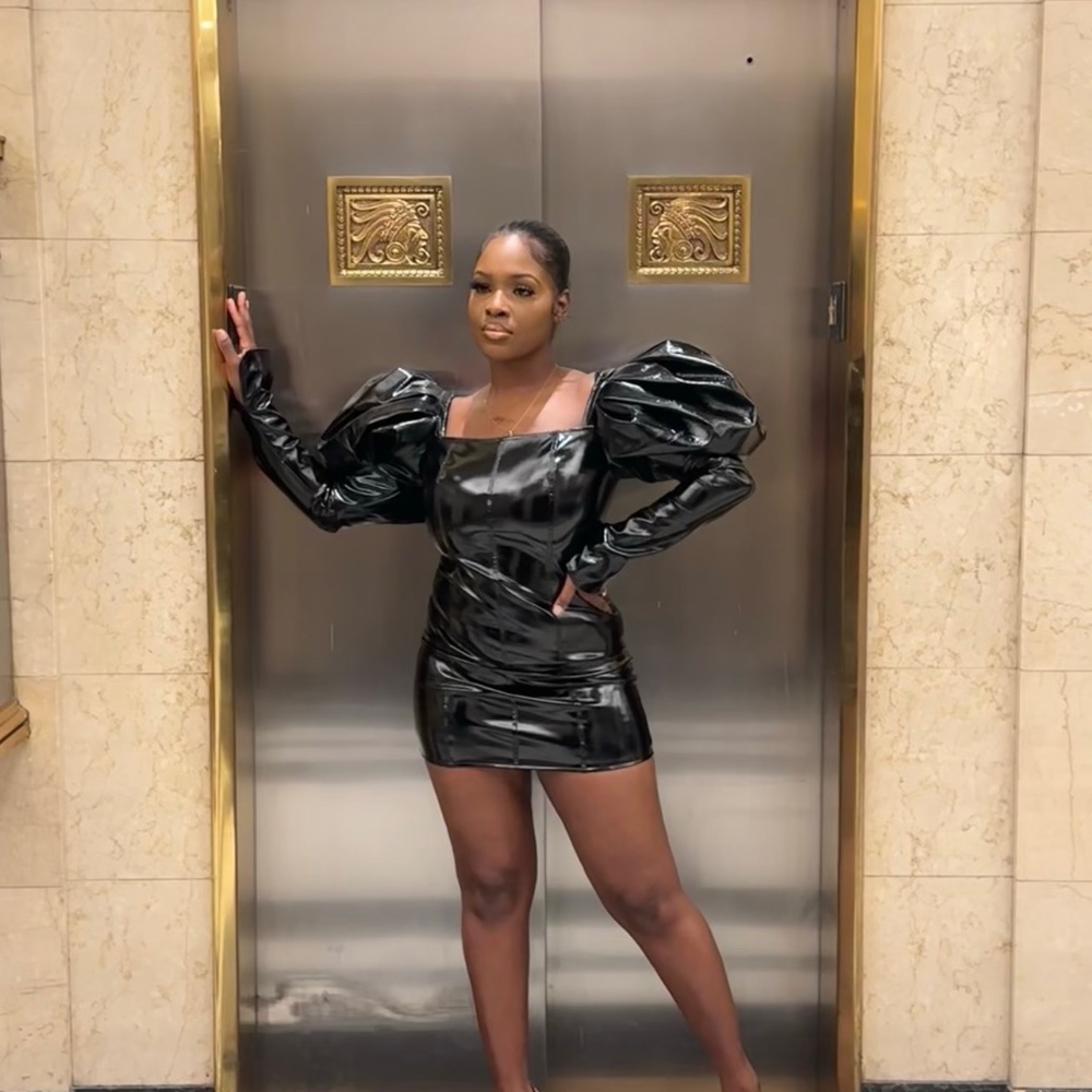Black faux leather puff sleeve dress
